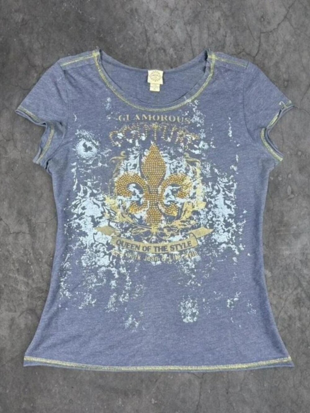 Y2K Savy USA Couture Paint Splatter blue graphic tee rhinestones Women's Sz XL